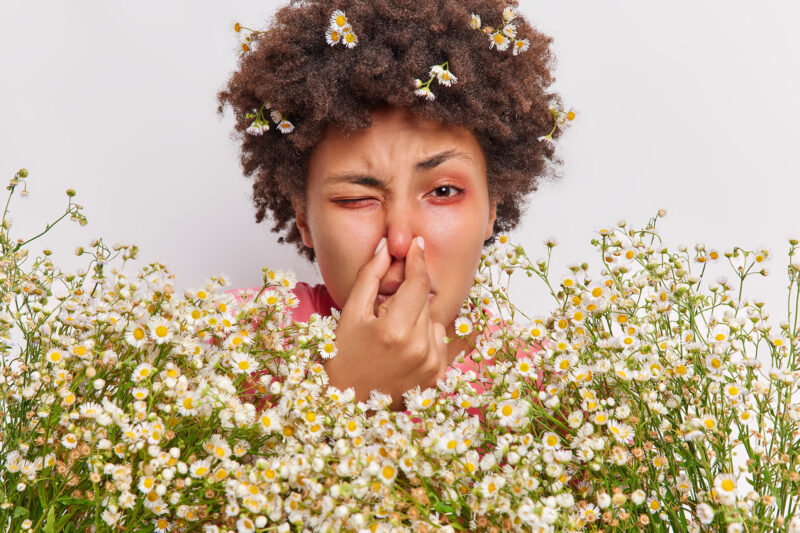 Woman with allergies sneezing and holding her nows